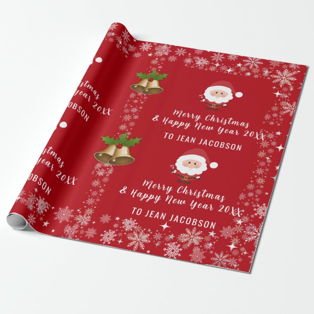 Cute Santa Claus Modern Script Personalised Name Wrapping Paper (Unrolled)