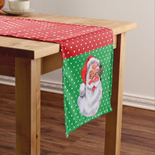 Cute Santa Claus on Red and Green Polka Dots Short Table Runner