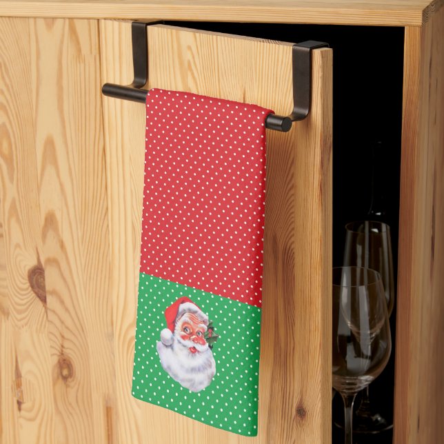 Cute Santa Claus on Red and Green Polka Dots Tea Towel (Thirds Fold)
