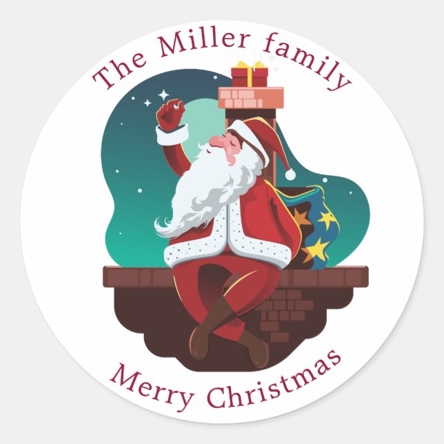 Cute santa claus on the roof monogram holiday classic round sticker (Front)