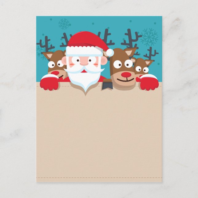 Cute Santa Claus peeking with reindeers Christmas Holiday Postcard (Front)