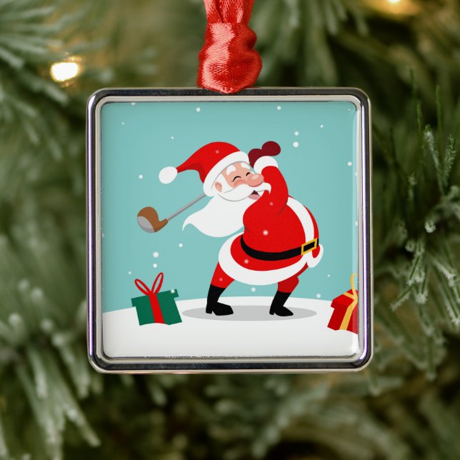 Cute Santa Claus plays golf illustration Metal Ornament (Tree)