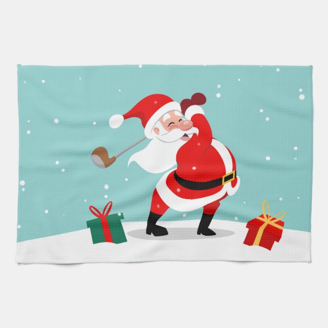 Cute Santa Claus plays golf illustration Tea Towel (Horizontal)