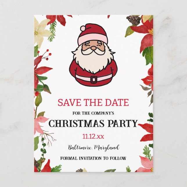 Cute Santa Claus Poinsettia | Christmas Party Postcard (Front)