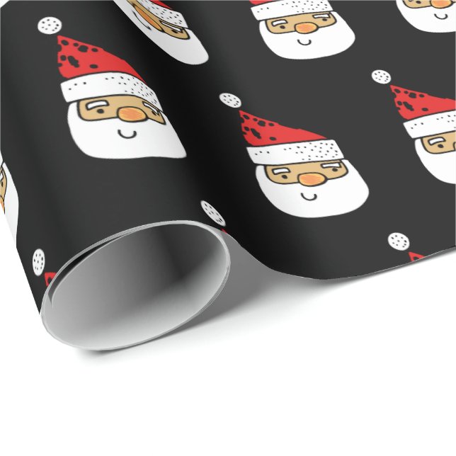 Cute Santa Claus Red Hat Christmas Black Wrapping Paper (Roll Corner)
