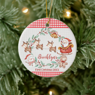 Cute Santa Claus Reindeer 1st Christmas Photo Ceramic Ornament