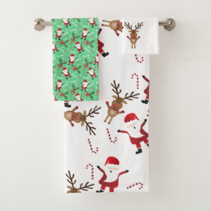 Cute Santa Claus Reindeer Candy Canes Pattern Bath Towel Set