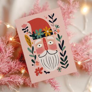 Cute Santa Claus Retro Floral Pink Merry Christmas Postcard