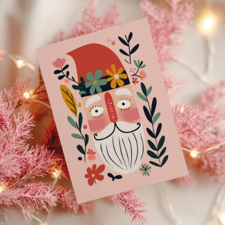 Cute Santa Claus Retro Floral Pink Merry Christmas Postcard