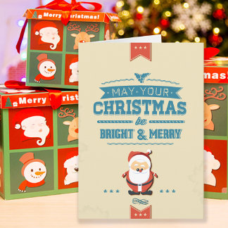 Cute Santa Claus Ribbon Blue Typographic Holiday Card