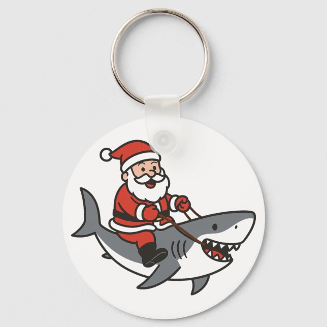 Cute Santa Claus Riding a Shark Funny Christmas Key Ring (Front)