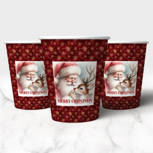 Cute Santa Claus & Rudolph Cartoon Christmas Paper Cups