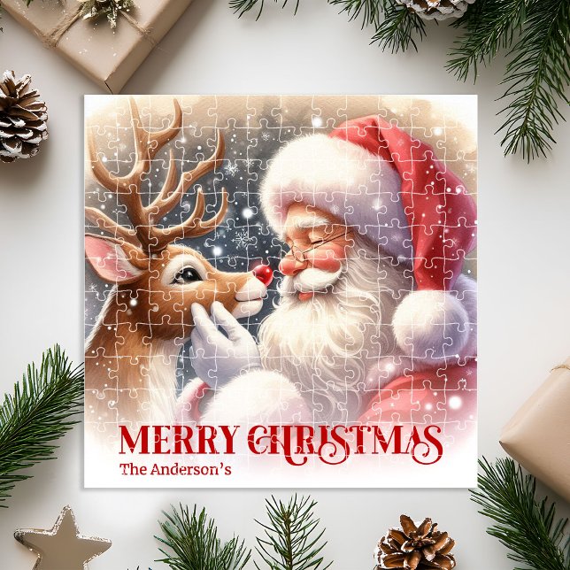 Cute Santa Claus Rudolph Christmas Holiday   Jigsaw Puzzle (Cute Classic Santa and Rudolph Christmas Jigsaw Puzzle)