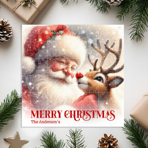 Cute Santa Claus Rudolph Personalized Holiday Kids Jigsaw Puzzle
