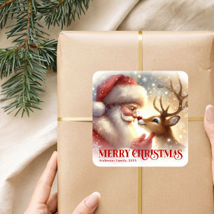 Cute Santa Claus Rudolph Personalized Holiday Kids Square Sticker