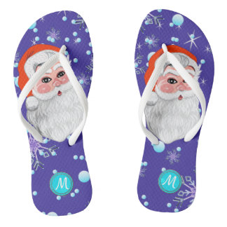 Cute "Santa Claus & Snowfall" Christmas monogram Thongs