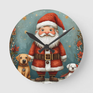 Cute Santa Claus with Dogs in Festive Round Clock