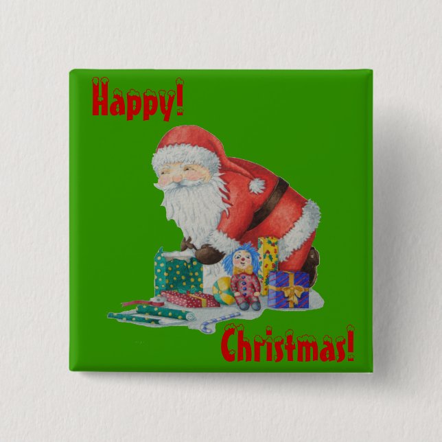 Cute santa claus wrapping toys and gifts button (Front)