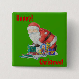 Cute santa claus wrapping toys and gifts button