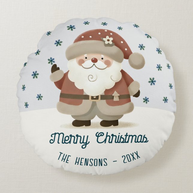 Cute Santa Clause Snowflakes Drawing Christmas Round Cushion (Front)
