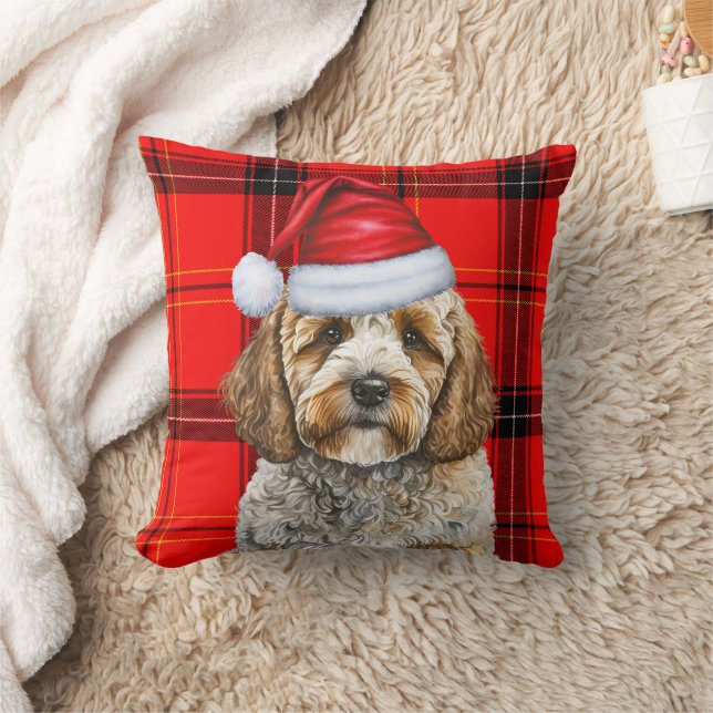 Cute Santa Cockapoo Dog on Red Plaid Christmas Cushion (Blanket)