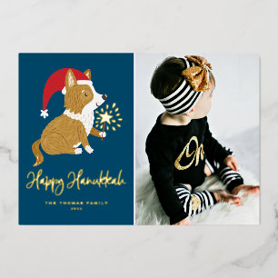 Cute Santa Corgi Photo Blue Happy Hanukkah Foil Holiday Card