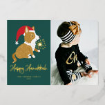Cute Santa Corgi Photo Green Happy Hanukkah Foil Holiday Card<br><div class="desc">Happy Hanukkah! Send your festive greetings with this customisable gold foil Hanukkah photo flat card. It features an adorable corgi wearing a Santa hat. Personalise by adding a photo,  names,  year and other details. This cute corgi photo Hanukkah flat card is available in other foil colours.</div>