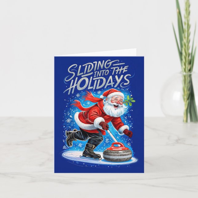 Cute Santa Curling Christmas  Holiday Card (Front)