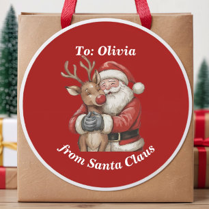 Cute Santa & Deer Personalised Red Christmas Gift  Classic Round Sticker