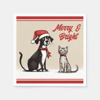 Cute Santa Dog and Cat Merry and Bright Christmas  Napkin