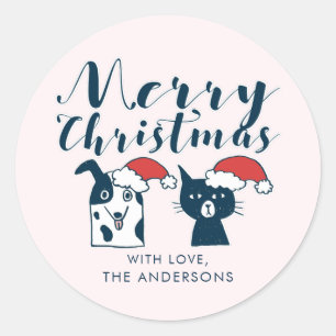 Cute Santa Dog & Cat Christmas Classic Round Sticker