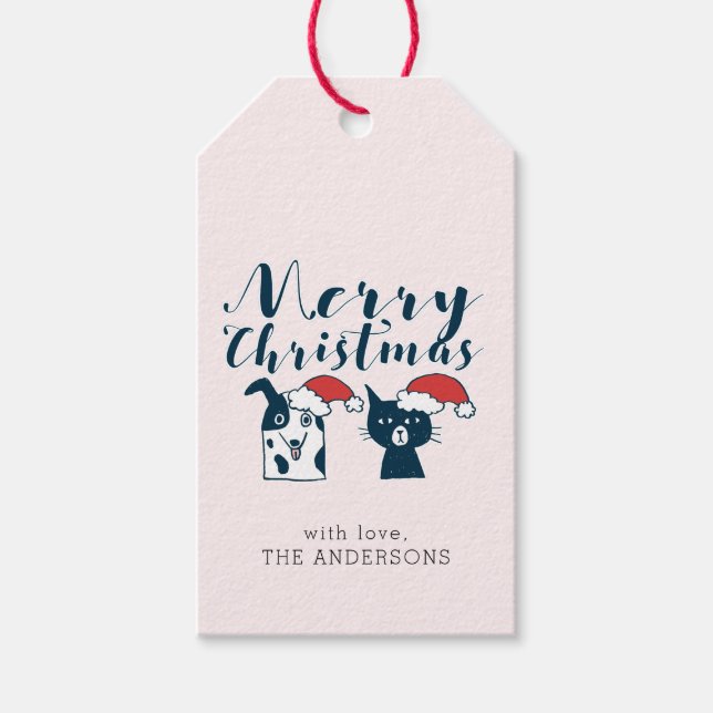 Cute Santa Dog & Cat Doodle | Add Your Name Gift Tags (Front)