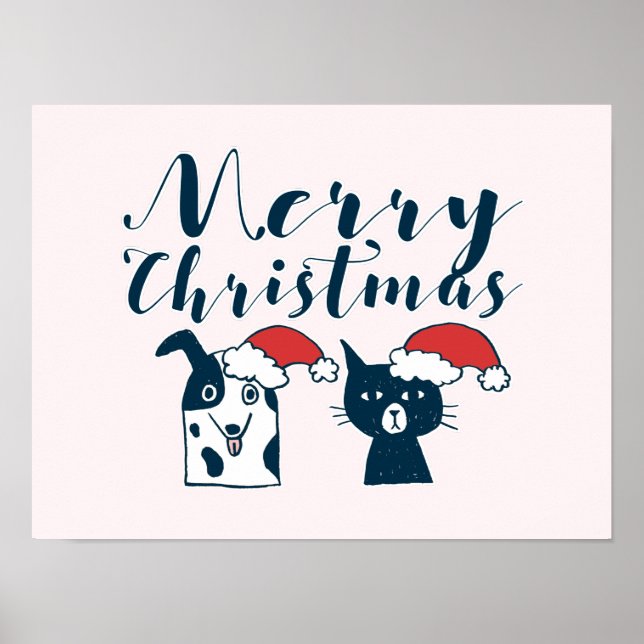 Cute Santa Dog & Cat Drawing | Merry Christmas Poster (Front)