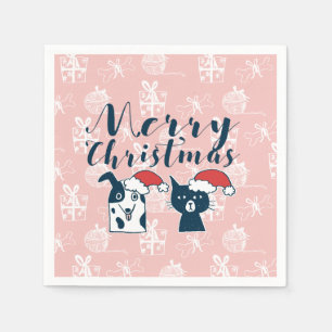 Cute Santa Dog & Cat Illustration Christmas Napkin