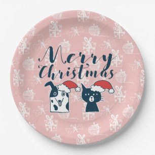 Cute Santa Dog & Cat Illustration Christmas Paper Plate