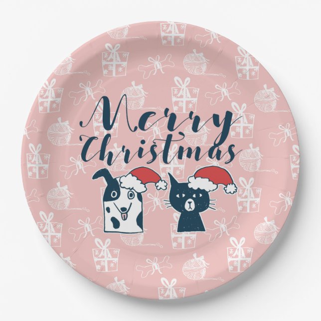 Cute Santa Dog & Cat Illustration Christmas Paper Plate (Front)