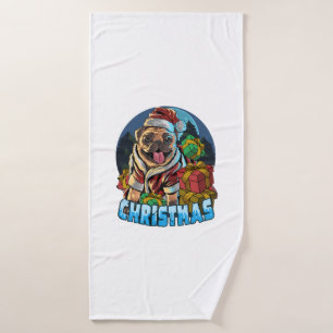 Cute Santa dog in christmas hat Bath Towel