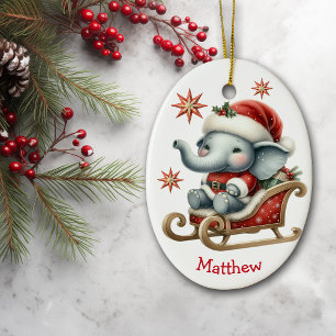 Cute Santa Elephant Sleigh Kids Christmas Ceramic Ornament