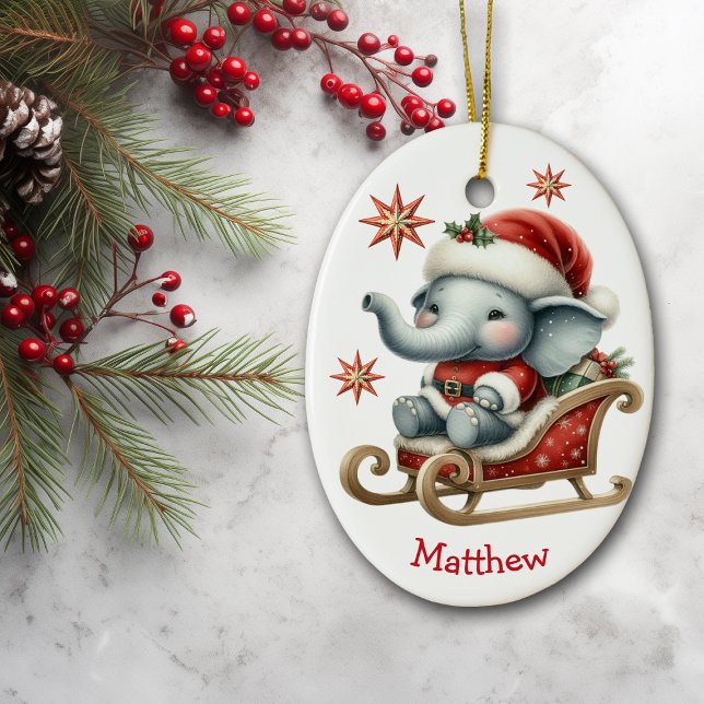 Cute Santa Elephant Sleigh Kids Christmas Ceramic Ornament (Creator Uploaded)