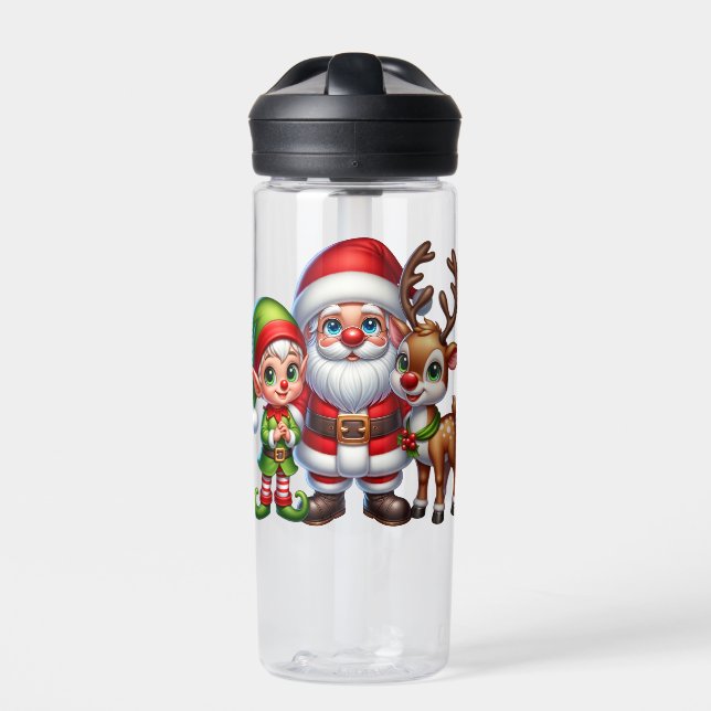 Cute Santa Elf and Reindeer Christmas Personalised Water Bottle (Front)