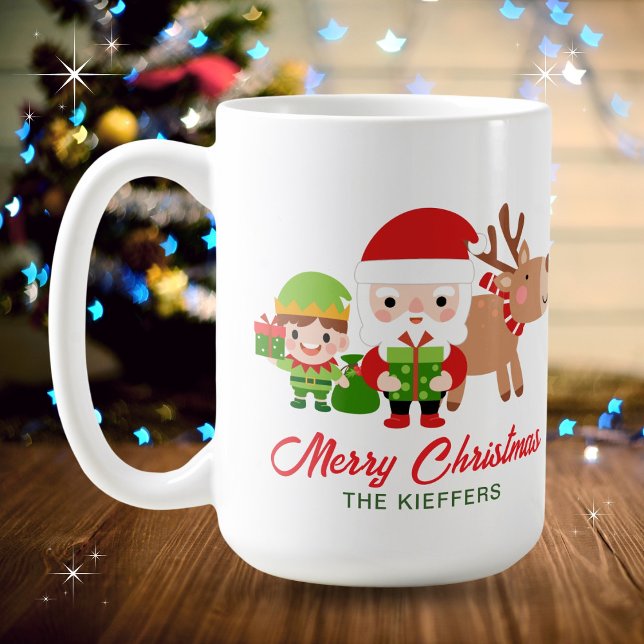 Cute Santa Elf Reindeer Family Name Christmas Coffee Mug (Available in multiple mug types. Personalize with your name or leave blank. Merry Christmas!
)