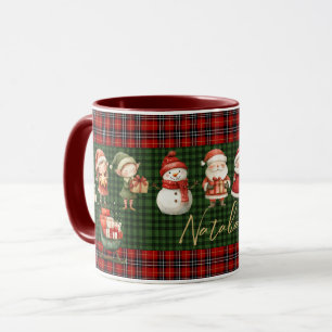Cute Santa Elves Merry Christmas Green Red Plaids  Mug