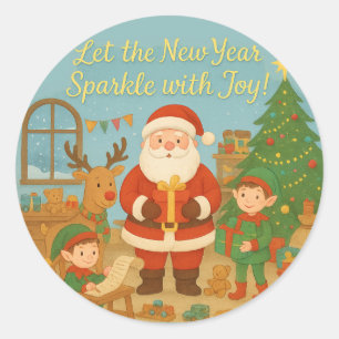 Cute Santa & Elves New Year Holiday Card Classic Round Sticker
