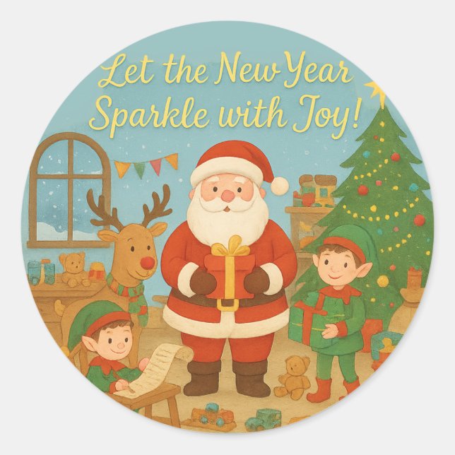 Cute Santa & Elves New Year Holiday Card Classic Round Sticker (Front)