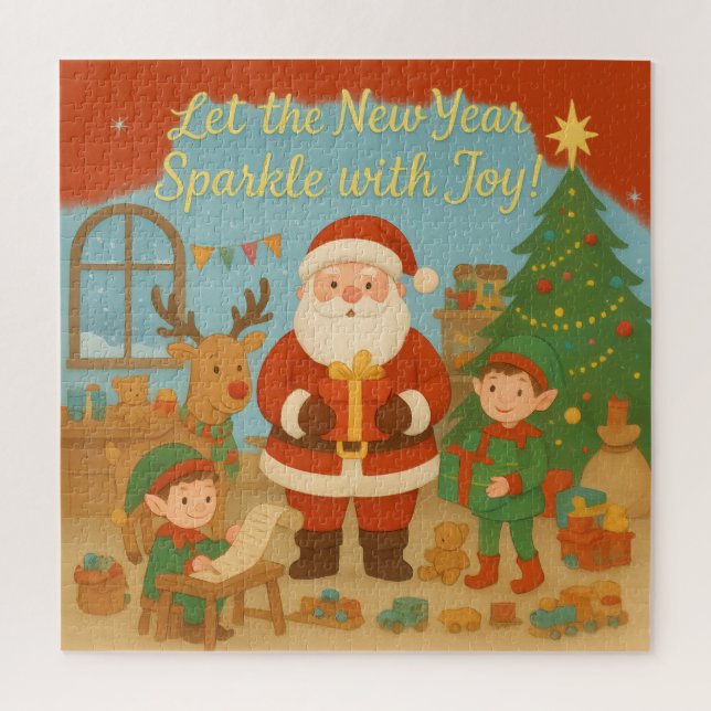 Cute Santa & Elves New Year Holiday Card Jigsaw Puzzle (Vertical)