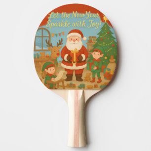 Cute Santa & Elves New Year Holiday Card Ping Pong Paddle