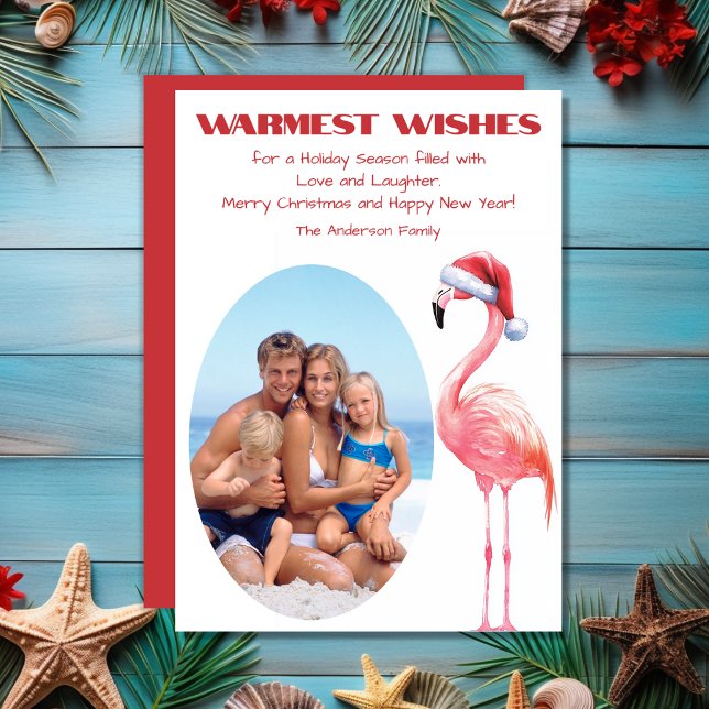 Cute Santa Flamingo Tropical Beach Photo Christmas Holiday Card (Cute Santa Flamingo Tropical Beach Photo Christmas Holiday Card)