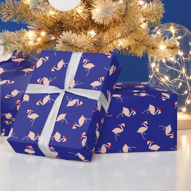 Cute Santa Flamingos Pattern Dark Blue Christmas Wrapping Paper (Holidays)