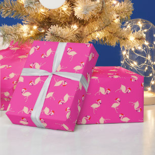 Cute Santa Flamingos Pattern Hot Pink Christmas Wrapping Paper