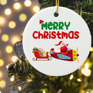 Cute Santa Flying in Aeroplane & Sleigh,Christmas Ceramic Ornament